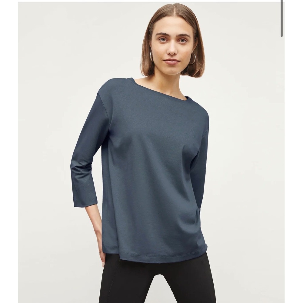 MM.LaFleur The Leslie Top Dark Grey Pima Cotton Boatneck 3/4 Sleeve Shirt Large